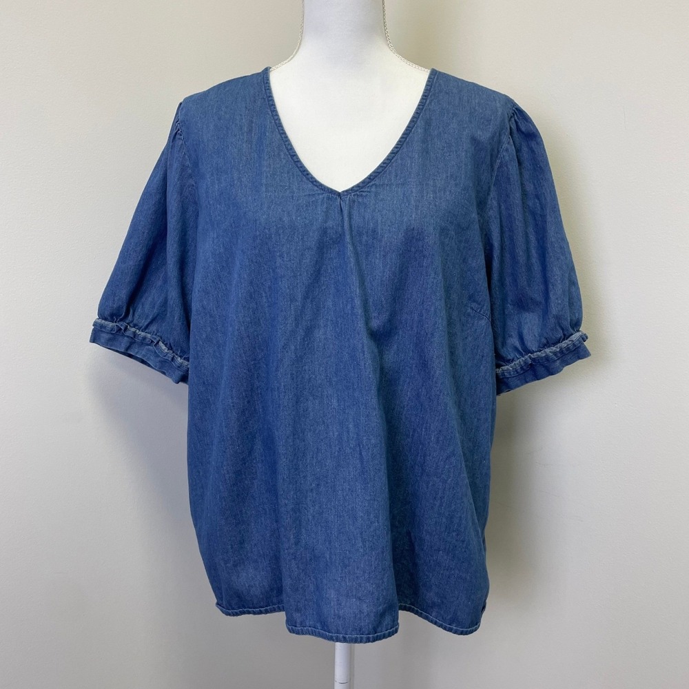 Draper James Blue Chambray V-Neck Puff Sleeve Ruffle Cuff Cotton Top XXL